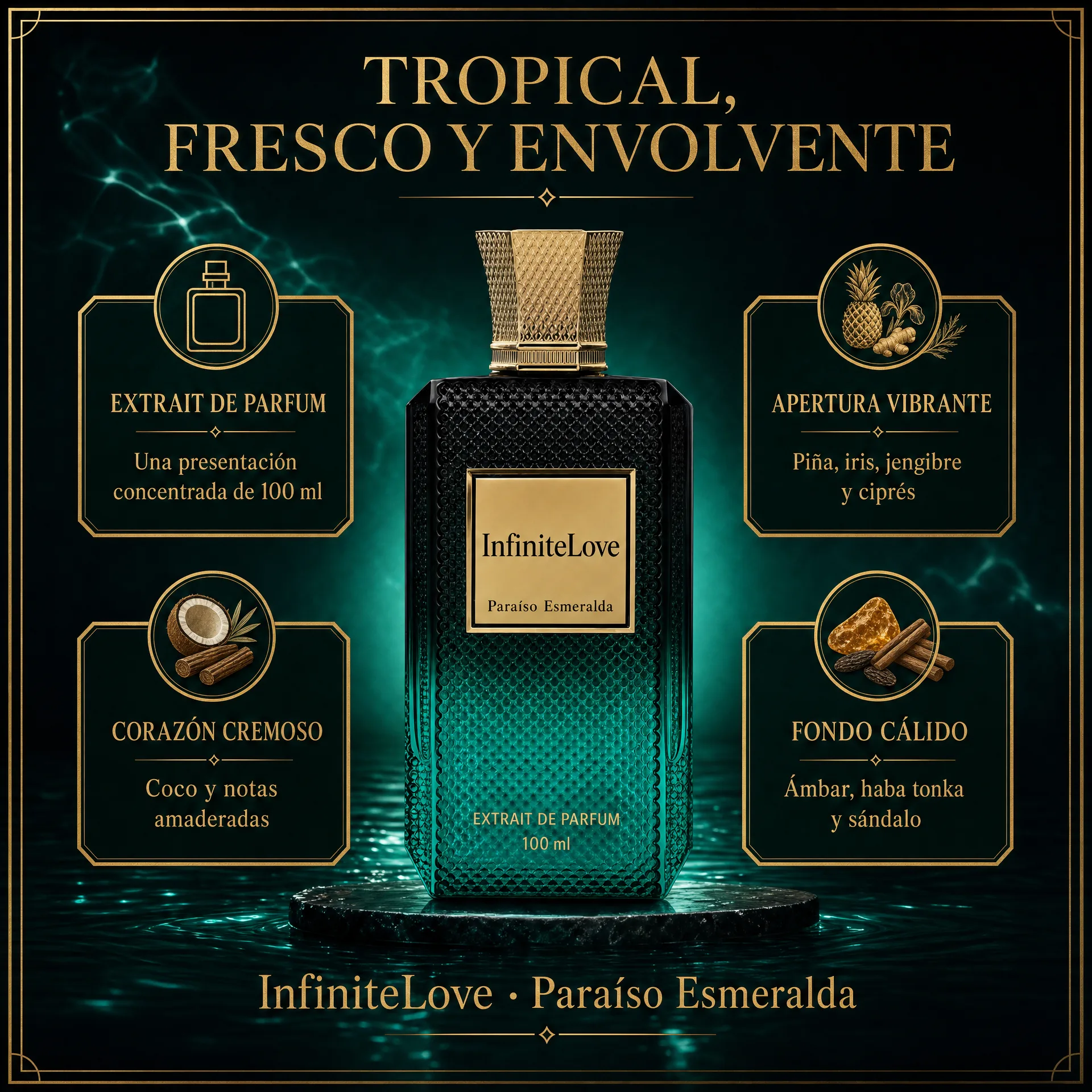 Carácter y beneficios olfativos de InfiniteLove Paraíso Esmeralda Extrait de Parfum