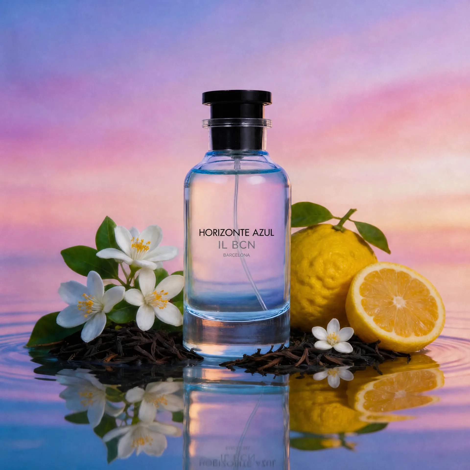 Horizonte Azul de IL BCN con flores blancas, cítrico y hojas de té