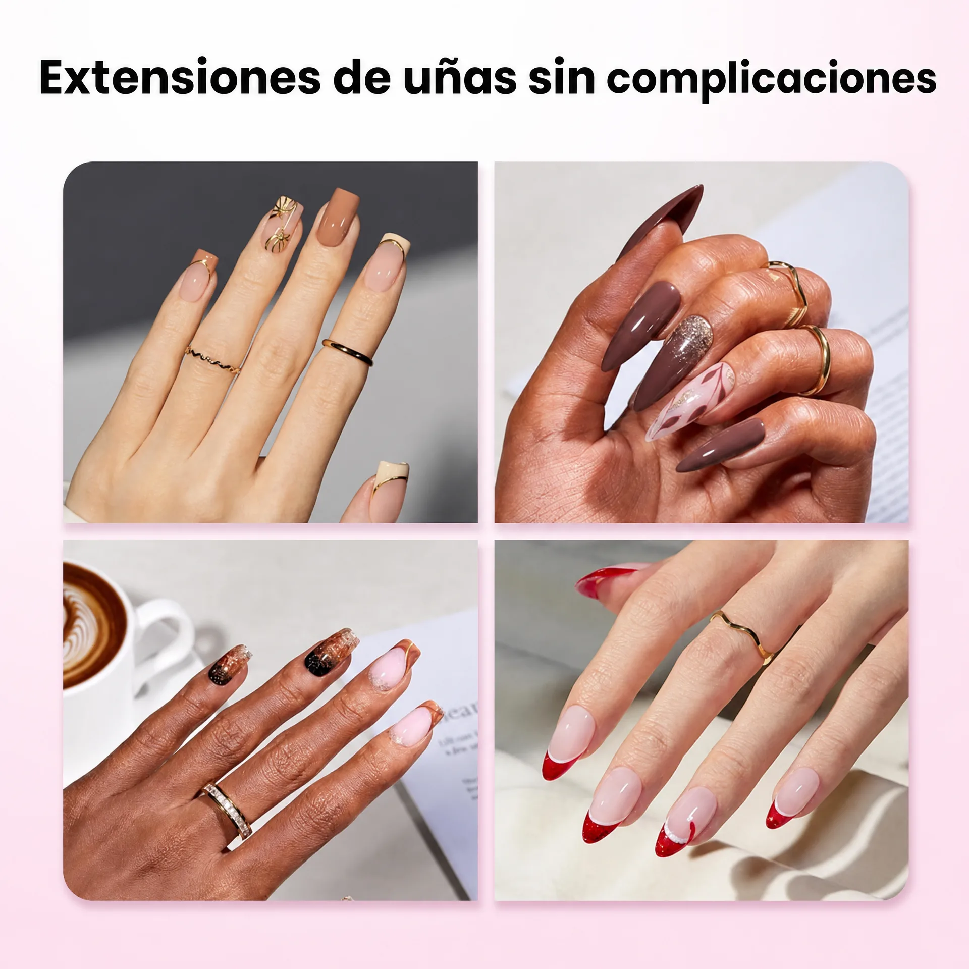 Ejemplos de diseños de manicura realizados con extensiones de uñas