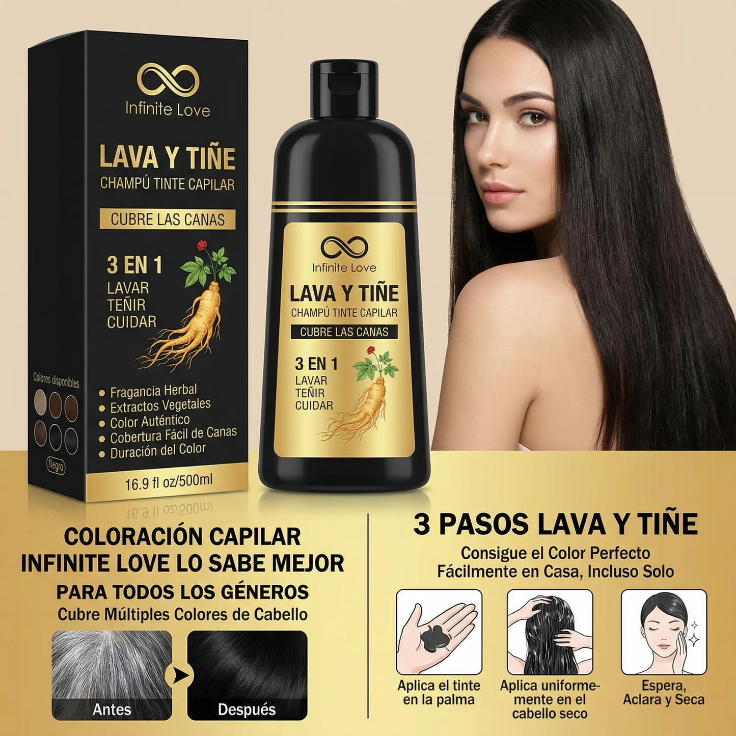 Champú Tinte 3 en 1 'AKOIIN' con Extractos Botánicos para Cubrir 100% las Canas
